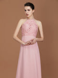 A-Line/Princess Halter Sleeveless Lace Floor-Length Chiffon Bridesmaid Dress TPP0005757