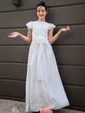 A-Line/Princess Chiffon Ruffles Scoop Short Sleeves Floor-Length Junior/Girls Bridesmaid Dresses TPP0005874