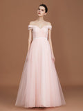 A-Line/Princess Short Sleeves Lace Spaghetti Straps Ruched Sweetheart Floor-Length Tulle Bridesmaid Dresses TPP0005826