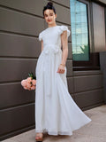 A-Line/Princess Chiffon Ruffles Scoop Short Sleeves Floor-Length Junior/Girls Bridesmaid Dresses TPP0005874