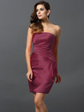 Sheath/Column Strapless Ruched Sleeveless Short Satin Bridesmaid Dresses TPP0005761