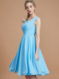 A-Line/Princess V-neck Sleeveless Ruched Short/Mini Chiffon Bridesmaid Dresses TPP0005712