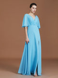 A-Line/Princess V-neck 1/2 Sleeves Floor-Length Chiffon Bridesmaid Dresses TPP0005759