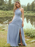 A-Line/Princess Chiffon Ruched Halter Sleeveless Sweep/Brush Train Bridesmaid Dresses TPP0005877