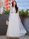 A-Line/Princess Lace Applique Scoop 3/4 Sleeves Floor-Length Junior Bridesmaid Dresses TPP0005859