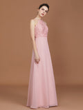 A-Line/Princess Halter Sleeveless Lace Floor-Length Chiffon Bridesmaid Dress TPP0005757