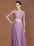 A-Line/Princess Lace Off-the-Shoulder 1/2 Sleeves Floor-Length Chiffon Bridesmaid Dress TPP0005799