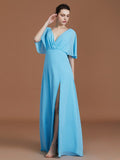 A-Line/Princess V-neck 1/2 Sleeves Floor-Length Chiffon Bridesmaid Dresses TPP0005759