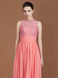 A-Line/Princess Jewel Sleeveless Lace Floor-Length Chiffon Bridesmaid Dresses TPP0005806