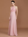 A-Line/Princess Halter Sleeveless Lace Floor-Length Chiffon Bridesmaid Dress TPP0005757