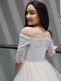 A-Line/Princess Lace Ruffles Off-the-Shoulder 1/2 Sleeves Sweep/Brush Train Junior/Girls Bridesmaid Dresses TPP0005885