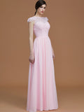 A-Line/Princess Jewel Short Sleeves Floor-Length Lace Chiffon Bridesmaid Dresses TPP0005810