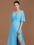 A-Line/Princess V-neck 1/2 Sleeves Floor-Length Chiffon Bridesmaid Dresses TPP0005759