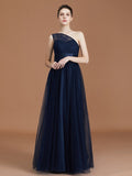 A-line/Princess One-Shoulder Lace Tulle Sleeveless Floor-Length Bridesmaid Dresses TPP0005736