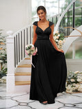 A-Line/Princess Jersey Ruched V-neck Sleeveless Floor-Length Bridesmaid Dresses TPP0005824