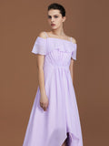 A-Line/Princess Asymmetrical Short Sleeves Off-the-Shoulder Ruched Chiffon Bridesmaid Dresses TPP0005829