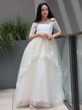 A-Line/Princess Lace Ruffles Off-the-Shoulder 1/2 Sleeves Sweep/Brush Train Junior/Girls Bridesmaid Dresses TPP0005885