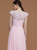 A-Line/Princess Jewel Short Sleeves Floor-Length Lace Chiffon Bridesmaid Dresses TPP0005810