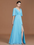 A-Line/Princess V-neck 1/2 Sleeves Floor-Length Chiffon Bridesmaid Dresses TPP0005759