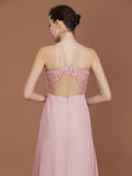 A-Line/Princess Halter Sleeveless Lace Floor-Length Chiffon Bridesmaid Dress TPP0005757