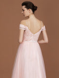 A-Line/Princess Short Sleeves Lace Spaghetti Straps Ruched Sweetheart Floor-Length Tulle Bridesmaid Dresses TPP0005826