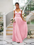 A-Line/Princess Jersey Ruched V-neck Sleeveless Floor-Length Bridesmaid Dresses TPP0005824