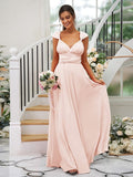 A-Line/Princess Jersey Ruched V-neck Sleeveless Floor-Length Bridesmaid Dresses TPP0005824