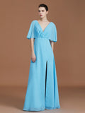 A-Line/Princess V-neck 1/2 Sleeves Floor-Length Chiffon Bridesmaid Dresses TPP0005759