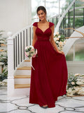 A-Line/Princess Jersey Ruched V-neck Sleeveless Floor-Length Bridesmaid Dresses TPP0005824