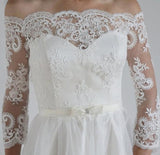 A-Line Lace Scoop 3/4 Sleeve Appliques Tulle Floor-Length White Button Wedding Dresses