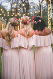 Simple Pink Off the Shoulder Pink Ruffles Long Bridesmaid Dresses