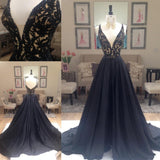 New Arrival Deep V-Neck Lace Chiffon Elegant A-line Black Long Open Back Prom Dresses