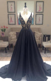 New Arrival Deep V-Neck Lace Chiffon Elegant A-line Black Long Open Back Prom Dresses