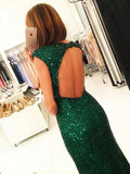 Dark Green Open Back Long Prom Dresses Sequins Split Bridesmaid Dress