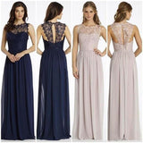 Round Neckline Illusion Lace Top Chiffon A-line Popular Open Back Bridesmaid Dresses