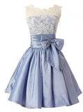 Fashion A-line Scoop Short Taffeta Blue Homecoming/Bridesmaid Dress With Bowknot