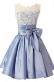 Fashion A-line Scoop Short Taffeta Blue Homecoming/Bridesmaid Dress With Bowknot