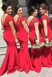 Red Button Backless Plus Size Mermaid Cap Sleeves V-neck Long Lace Bridesmaid Dresses