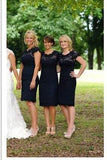 Lace Short Open Back Cheap Navy Blue Cap Sleeve Mermaid Bridesmaid Dresses