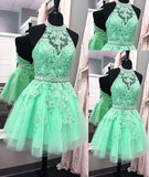 Sexy Halter Tulle Short New Arrival Appliques Cute Mini Homecoming Dress