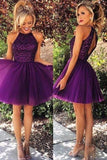 Purple Halter A-line Scoop Beaded Sleeveless Backless Short Homecoming Dresses