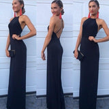 New Arrival Modest Halter Criss-Cross A-Line Long Navy Blue Sleeveless Prom Dresses