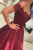 Red Satin Sleeveless Ball Gown Off-the-Shoulder Applique Floor-Length Long Prom Dresses