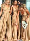 Elegant A-Line V-Neck Elastic Satin Backless Ruffles Sleeveless Bridesmaid Dress with Split